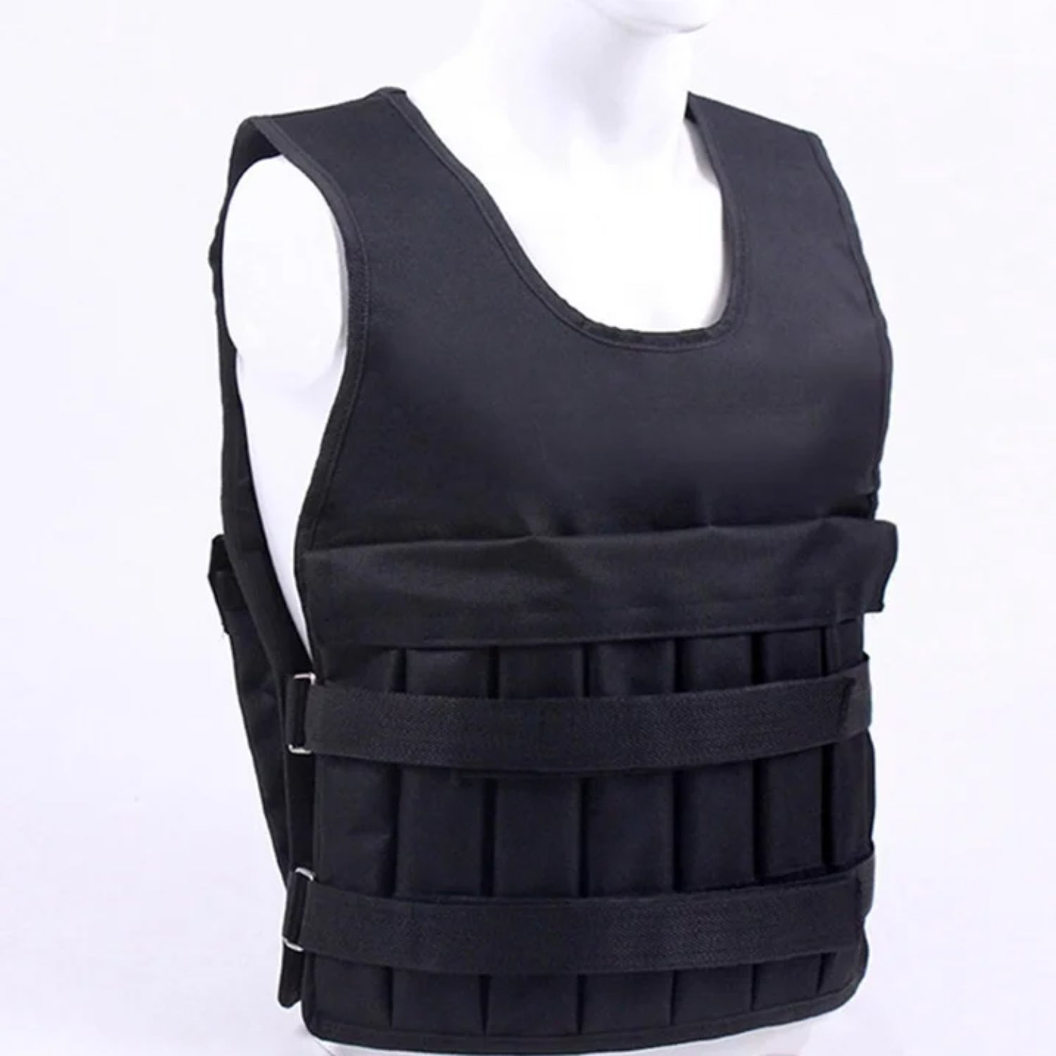 Chaleco de pesa negro lateral, ideal para gimnasia y entrenamiento físico.